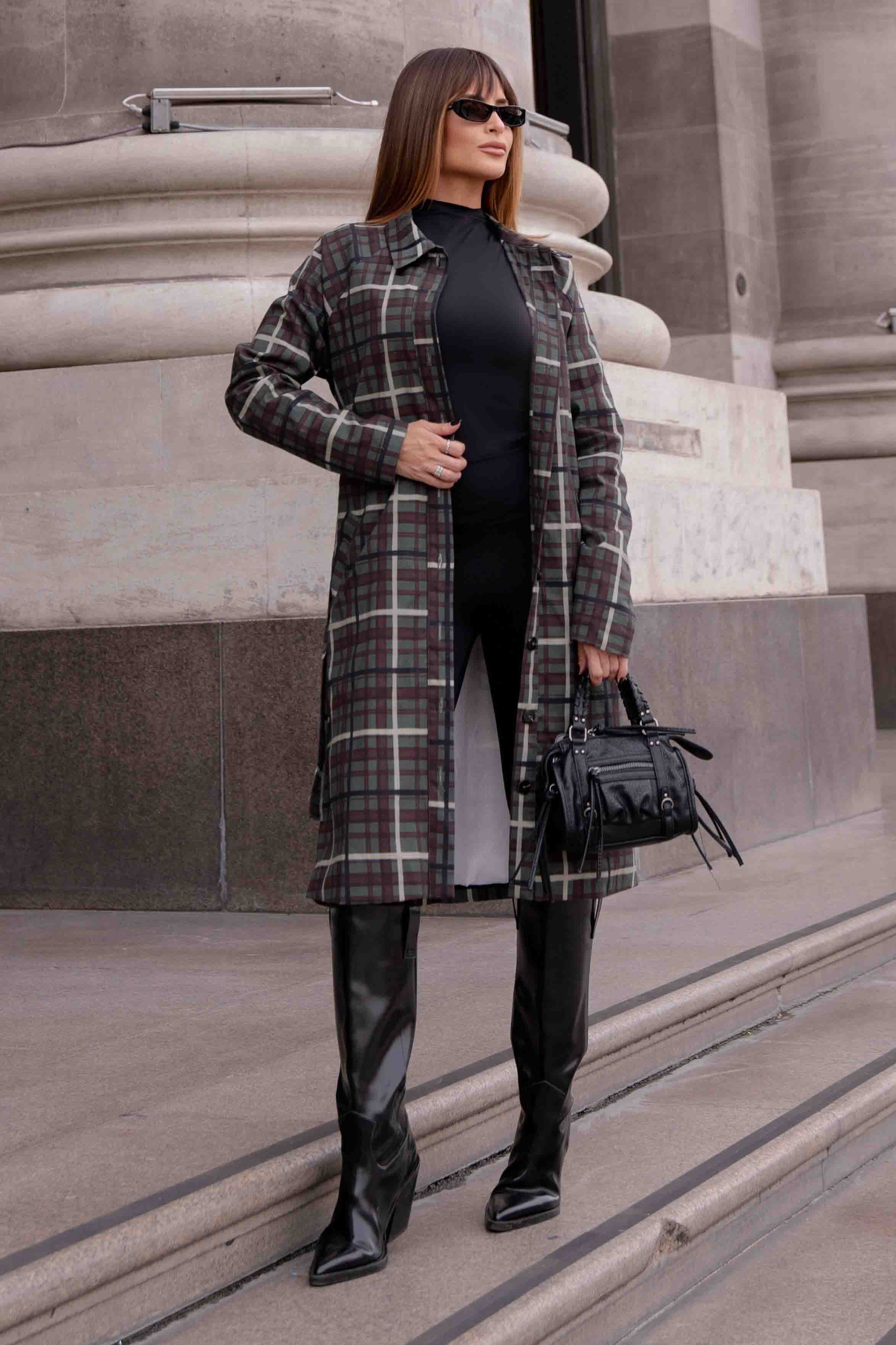 【GRANCY】Patterned Long Trench Coat Trench Coat Xadrez Alongado